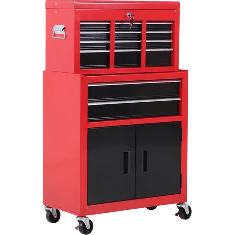 Carrello Porta Attrezzi 2 in 1 con Cassetta Superiore e Armadietto Inferiore 61,6x33x108 cm in Metallo Rosso (1/5)