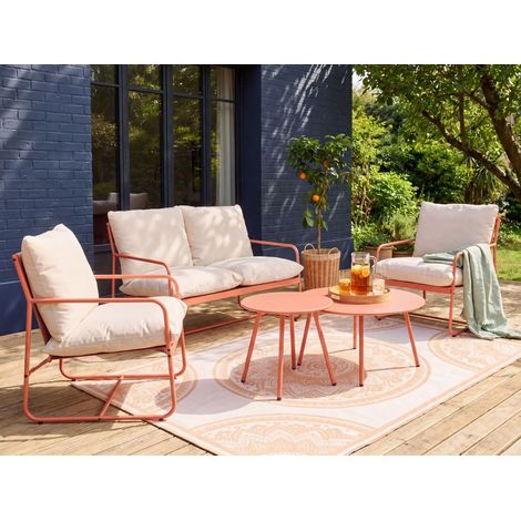 Conjunto de jardín 4 plazas estructura de metal y cojines de tela con fundas extraíbles sofá sillones y mesa de centro coral Formello (1/5)
