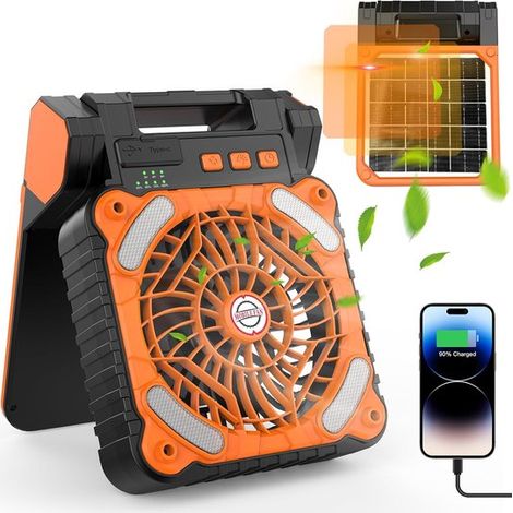 Ventilador solar para camping con linterna LED，batería recargable de 10400 mAh，con temporizador y ecológico para camping (1/2)