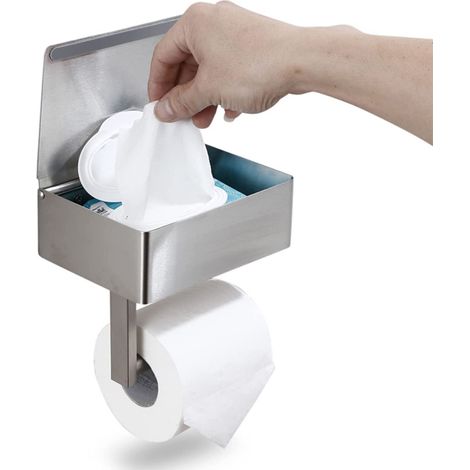 Porte-rouleau de papier toilette métallique avec distributeur de lingettes, support mural étagère pour salle de bain (1/5)