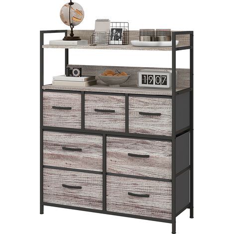Meuble de rangement commode 7 tiroirs en tissu pliables et amovibles étagères ouvertes, gris (1/5)