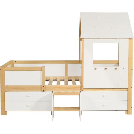 Cama infantil semialta tipo casa con techo y ventana, 4 cajones, escalera, 90 x 200 cm (1/5)