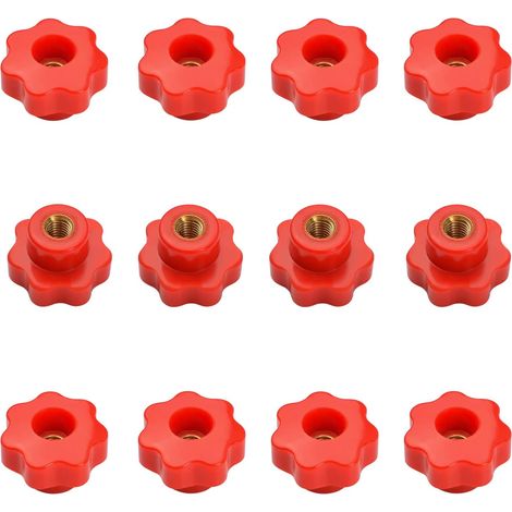 12 pezzi M6 manopola di serraggio a stella con filettatura zigrinata in plastica rossa in ottone foro passante set dado filettato femmina vite maniglia per attrezzatura (1/5)