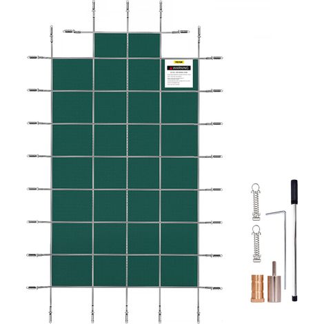 Couverture de sécurité pour piscines creusées 5,5x11 m, maille verte avec marches d'extrémité centrales 1,2x2,4 m, couverture de sécurité solide pour piscine d'hiver, résister au soleil, au vent (1/5)
