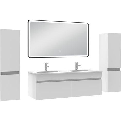 Acezanble Meuble double vasque blanc 120cm avec colonne + miroir 3 couleurs + dimmable (1/5)