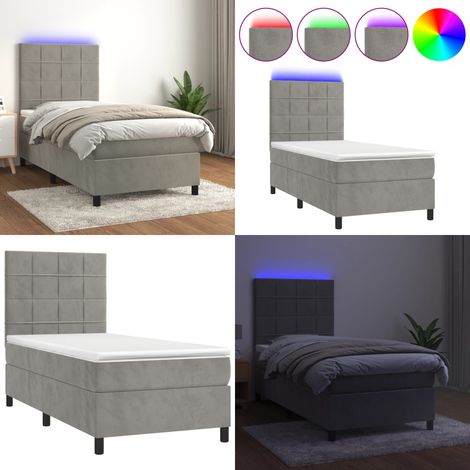 Cama box spring colchón y LED terciopelo gris claro 90x190 cm - Colchón con LED - Cama box spring