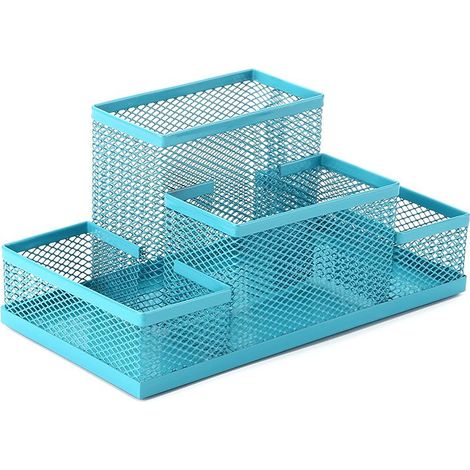Multifunktionaler Schreibtisch-Organizer aus Metall mit Stiftehalter, verschiebbarer Schublade aus Drahtgeflecht und Aufbewahrungsbox für Schreibwaren für das Homeoffice (blau) (1/5)