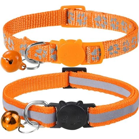 Collier Chat Anti Étranglement, 2 pcs Réglable Réfléchissant Collier pour Chat Chaton Chiot avec Clochette et Boucle de Sécurité, 19-32cm Orange (1/4)