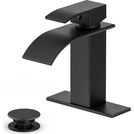 Rubinetto per lavabo da bagno moderno, nero opaco, stile cascata, monocomando, adatto per installazioni a 1 o 3 fori. (1/5)