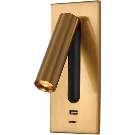 Lámpara de lectura LED con interfaz USB integrada, ideal como elemento decorativo para la mesita de noche, luz cálida de 3 W (color latón). (1/4)