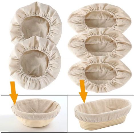 Juego de fundas de lino para cestas de fermentación de pan, juego de 5 piezas (2 redondas + 3 ovaladas) para hornear pan (1/4)