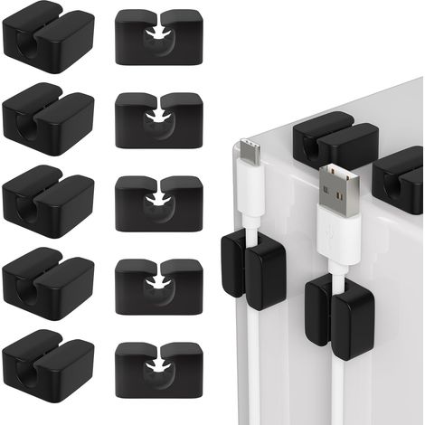 Sollbry Support de câble Autocollant, Gestion des câbles pour Le Bureau, Lot de 10 Supports de câble de Chargement USB adhésifs forts, Organiseur de câbles Cordons d'alimentation (Noir) (1/5)