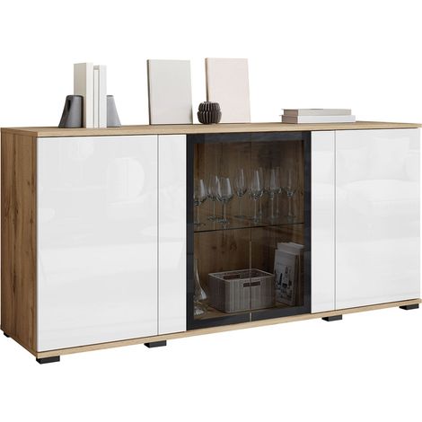 Aparador Torcame 102, Roble wotan + Blanco brillante, 70x150cm, Número de puertas: 040cm, Aglomerado laminado, Vidrio templado (1/5)