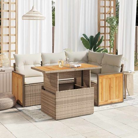 Set sofás jardín y cojines 5 pzas ratán sintético acacia beige (1/5)