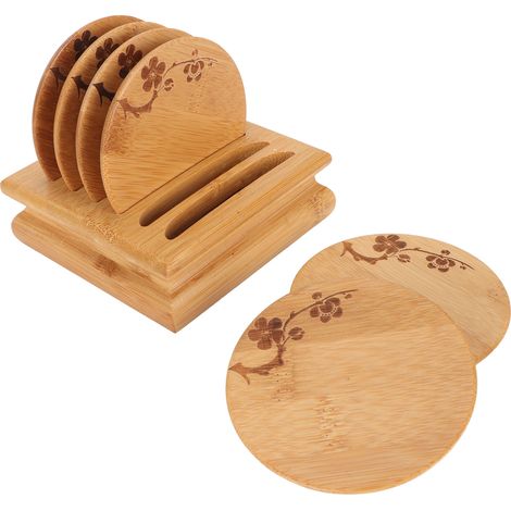 Ensemble de sous-verres vintage en bambou, antidérapants et isolants, avec support pour tasses à thé. (1/5)