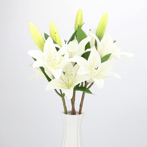 Lot de 4 fleurs de lys artificielles en soie au toucher réaliste pour la maison, la cuisine, le bureau, l'hôtel, les arrangements floraux pour table (1/4)