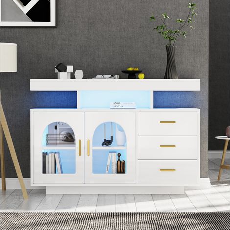 Aparador de aglomerado blanco brillo 120x40x80 cm con 3 cajones, 2 puertas de acrílico, huecos abiertos y LED RGB (1/5)