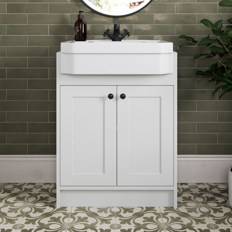 620mm Bathroom Vanity Unit Semi-Recessed Basin Freestanding, 1 Tap Hole, Traditional, Black Handles, White (1/5)
