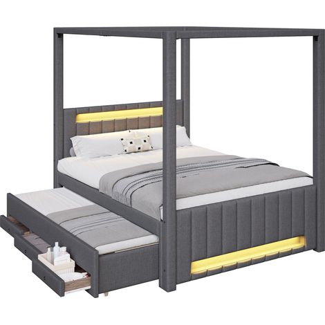 Lit coffre 140x200 avec lit gigogne et 3 tiroirs, lit à baldaquin capitonné  éclairage led intégré, structure gain de place pour chambre, tissu, gris (1/5)