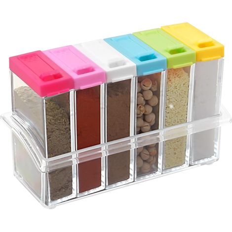 Juego de 6 cajas de plástico para especias, recipiente transparente para condimentos con bandeja, juego de botes para especias de camping (coloridos) (1/3)