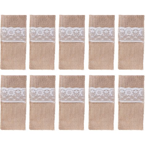 10 Pochettes en toile de jute pour couverts avec dentelle, pochette en tissu pour couteaux, fourchettes et baguettes (1/5)