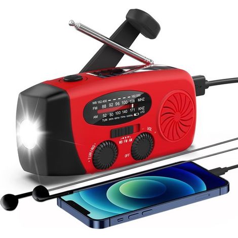 Radio solare portatile, radio meteo FM/AM/BM, allarme SOS, radio solare palmare con torcia a LED e power bank USB da 2000 mAh per ricaricare il telefono. Ideale per escursioni e campeggio. (1/5)