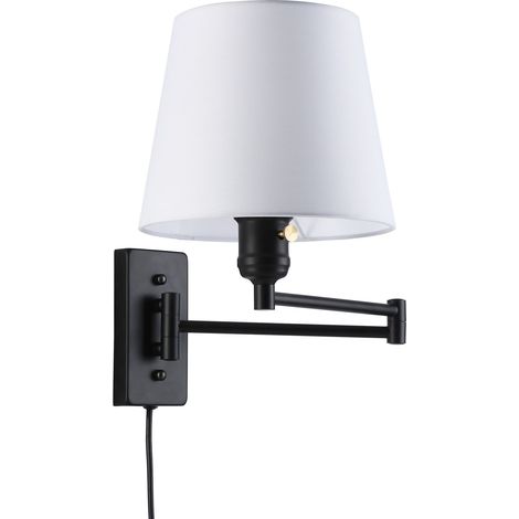 Barcelona Led – Applique murale articulée E27 – Aluminium noir – Abat-jour tissu blanc – 220-240V – Câble de 145 cm avec prise standard (1/5)