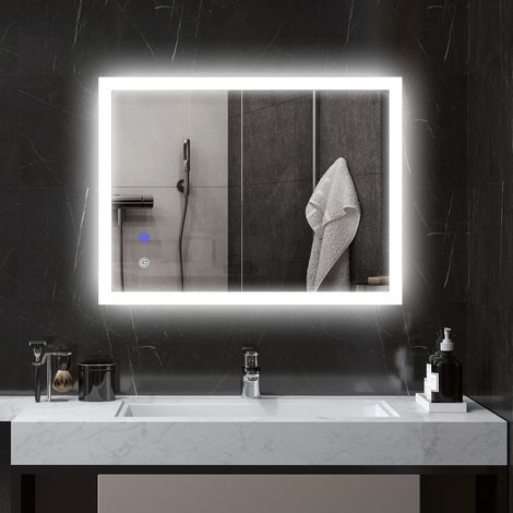 LED-beleuchteter Wandspiegel fürs Badezimmer, 80 x 60 cm, 3 Farben, Helligkeit einstellbar, Touch-Schalter, transparent