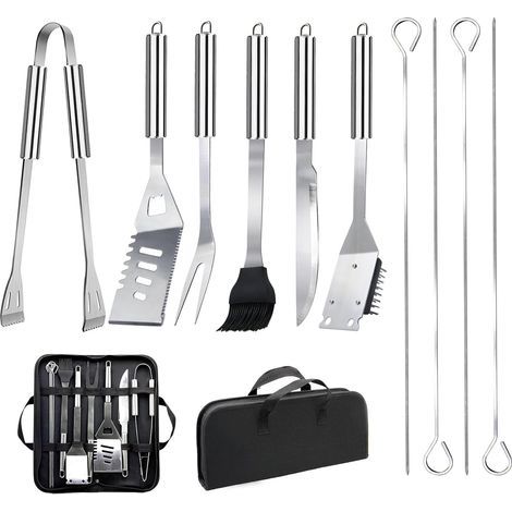 Ensemble de 11 ustensiles barbecue en acier inoxydable – Sac de transport portable – Poignée ergonomique résistante à la chaleur – Pour camping et pique-nique (1/4)