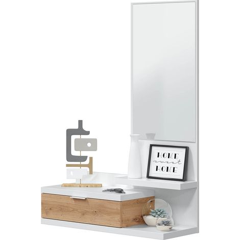 Pegane – Meuble d'entrée avec miroir et tiroir en mélamine – Longueur 81 cm, profondeur 29 cm, hauteur 116 cm – Finition blanche et chêne, 3 étagères (1/5)