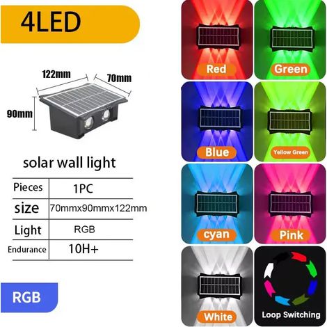 (1PC-RGB 4 LED) Applique solaire murale extérieure à lumière chaude, étanche, éclairage vers le haut et vers le bas, pour balcon, cour, jardin, décoration murale extérieure (1/5)