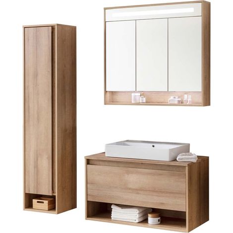 Fackelmann NATURA Badmöbel Set 4-teilig, 94 cm, Braun hell + Spiegelschrank + Hochschrank links"-"90342145 (1/5)