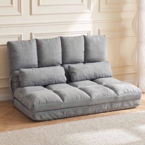 Chauffeuse 2 places canapé-lit convertible fauteuil de sol pliable dossier réglable 2 coussins inclus en polyester aspect suédé, pour salon, chambre et bureau, gris (1/5)