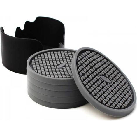 Lot de 6 sous-verres en silicone gris de 10 cm de diamètre avec supports - rainures profondes et absorbantes, parfaites pour les boissons chaudes et froides (1/5)
