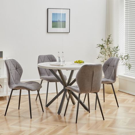 Wokaka Lot de Table et chaises - style vintage - Table MDF faux marbre blanc - avec 4 Chaises en lin (Gris) (1/5)
