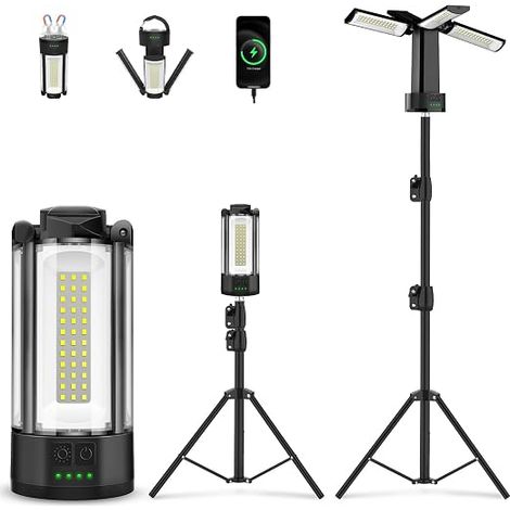 Rechargeable LED Construction Light with Tripod, Multiple Modes Adjustable Work Light, 10400 mAh 4 Head Camping Light, Standing Projector for Construction Site, Garage, Camping (Black) (1/5)