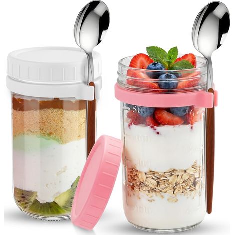 Lot de 2 Overnight Oats Jar 600ml avec Cuillere - Pot Overnight Oat Verre - Bocaux en Verre Hermétique - Bocal Gradué pour Meal Prep, Chia Pudding, Avoine Nuit, Salade, Yaourt (1/5)