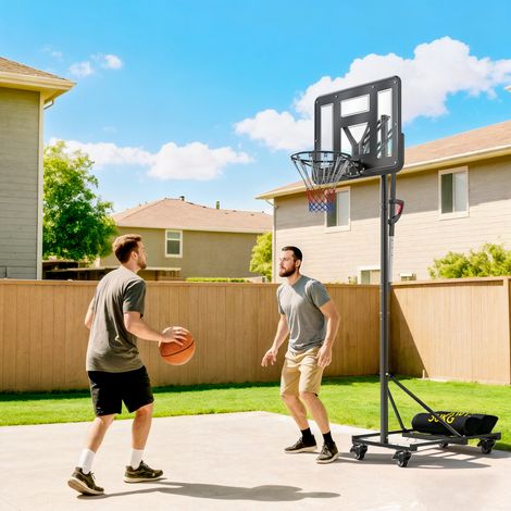 Canasta de Baloncesto para Exterior Ajustable de 235-305 cm con Tablero Irrompible 110 cm Saco de peso y Ruedas Negro (1/5)