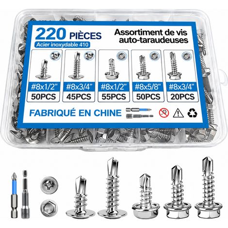 Coffret de 220 Vis Autoforeuses Inox 410 Tête Hexagonale Métal Bois Plastique 18 × 11,5 × 1,9 cm 557 g – Livraison gratuite (1/5)