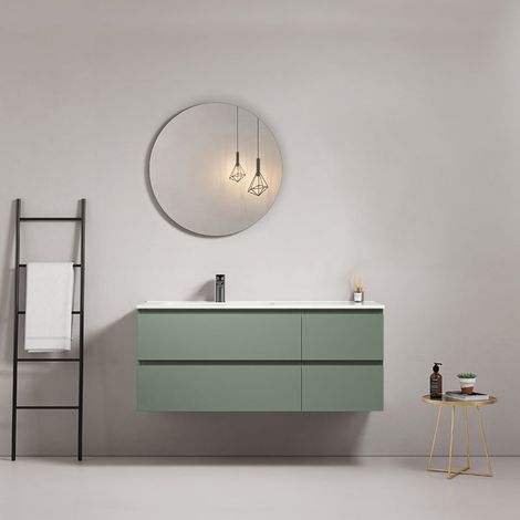 Mobile bagno sospeso 120 cm Verde Salvia Lavabo a Sinistra in Ceramica Specchio Tondo - Fiji Paint (1/5)