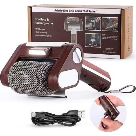 Cepillo eléctrico para barbacoa KZQ，Cepillo eléctrico inalámbrico para parrillas，Cepillo eléctrico de limpieza con iluminación LED，350 RPM，Marrón (1/5)