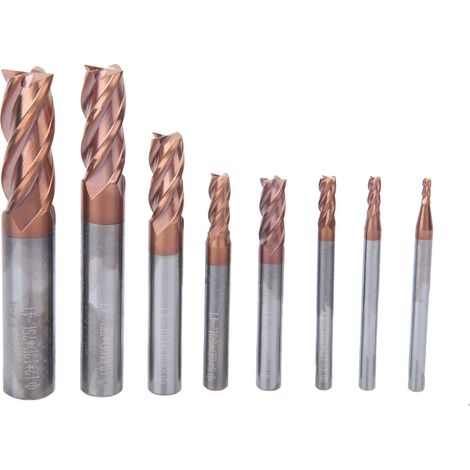 Fraise carbure tungstène 4 lèvres, 8 pièces, revêtement nano bronze, dureté 55HRC, coupe pour métaux, fraise en carbure monobloc, usage industriel, haute précision. (1/5)
