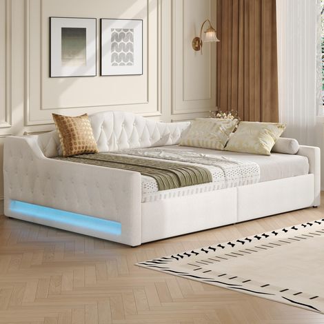 Lit banquette coffre 140x200 cm beige en lin, LED 7 couleurs des deux côtés, grand rangement sous lit, sommier 12 lattes en contreplaqué inclus (1/5)