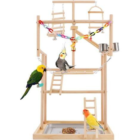 1 Support Pour Oiseaux En Bois De Hêtre Avec Mangeoires Échelle Balançoire Plateau Pour Perruches Calopsittes (1/5)