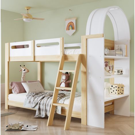 Lit superposé enfant en bois massif et MDF blanc et naturel 90x200 cm avec étagère 3 niveaux (1/5)