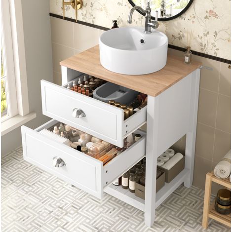 Meuble sous vasque 60x45x91 cm en MDF blanc et bois clair avec vasque ronde en céramique - CHICFURN (1/5)
