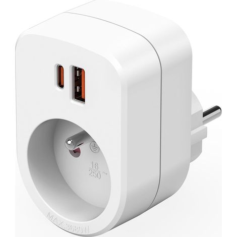 Prise Murale 3680W 3 en 1 Prise Multiple Charge Rapide PD20W, Blanc 2 Ports USB et 1 Sortie AC, Adaptateur Secteur Triplette, Compatible Téléphones Domicile (1/5)