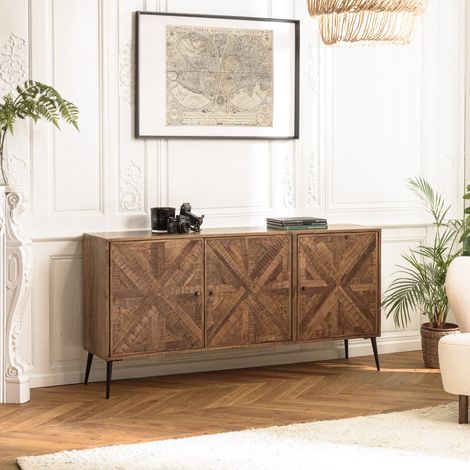 KIARA - Buffet 3 portes bois recyclé formes symétriques pieds noir (1/5)