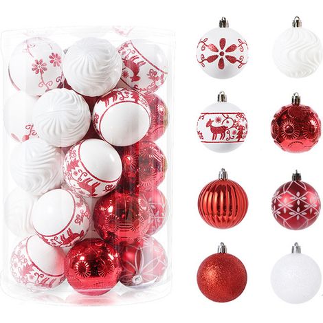 40 leichte Weihnachtskugeln aus Kunststoff, einfach aufzuhängen, für Weihnachtsdekorationen, Hochzeiten und Partys (F34 rot und weiß). (1/5)