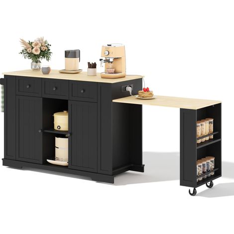 CHICFURN Îlot central de cuisine noir et bois clair avec table extensible escamotable, prises AC et USB, rangements, roulettes verrouillables, 138 x 55 x 93 cm (1/5)